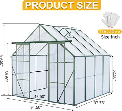 8x8 FT Greenhouse, Walk-in Polycarbonate Greenhouses with Double Sliding Doors, Aluminum Frame, Adjustable Roof Vent, Raised Base & Anchor, Outdoor Backyard Greenhouse for All Seasons, Green