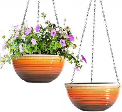 Vanslogreen 2 Pack Hanging Planters for Indoor Outdoor Plants, 10 Inch Hanging Planter with Drainage Hole & Plug Glazed Hanging Baskets Flower Pots for Garden Home, Orange
