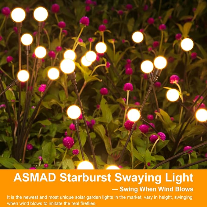ASMAD Solar Garden Lights, 6 Pack 48 LEDs Solar Outdoor Lights, Firefly Lights for Patio Pathway Outdoor Decor, Bigger Bulb Base&Vary in Lenth, Warm White