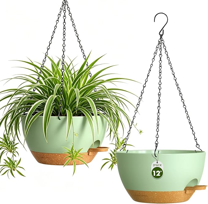 12 Inch Large Self Watering Hanging Planters 2 Pack with Saucers | Set of 2 12-inch self-watering hanging planters with extra soil capacity, side-fill ports, chain hangers & snap-on saucers