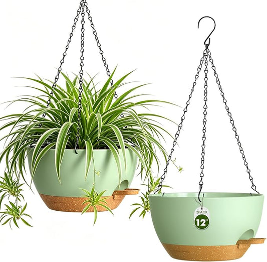 12 Inch Large Self Watering Hanging Planters 2 Pack with Saucers | Set of 2 12-inch self-watering hanging planters with extra soil capacity, side-fill ports, chain hangers & snap-on saucers