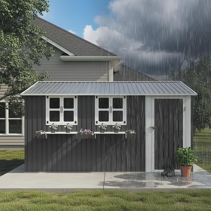 KEIKI 12x10 FT Outdoor Metal Storage Shed with 3 Clear Windows, Flower Rack Lockable Single Door Heavy Duty Steel Tool Shed Waterproof Rust Resistant Windproof for Backyard Garden Patio, Grey