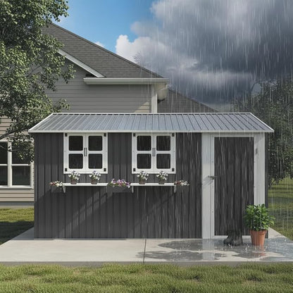KEIKI 12x10 FT Outdoor Metal Storage Shed with 3 Clear Windows, Flower Rack Lockable Single Door Heavy Duty Steel Tool Shed Waterproof Rust Resistant Windproof for Backyard Garden Patio, Grey