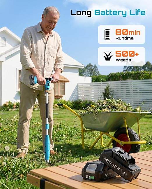 SEESII Electric Stand-Up Weed Puller Tool with 40"-47" Adjustable Handle, High-Power 3-Claw Stainless Steel Spiral, 4S Deep Root Removal, One-Button Eject, Dandelion Remover & Crabgrass Puller