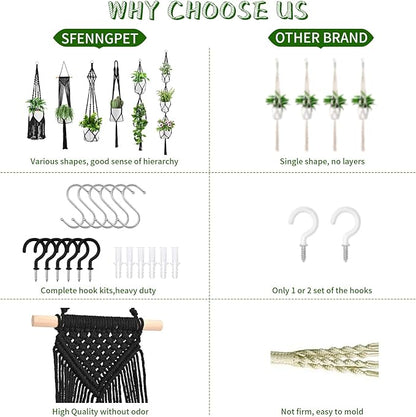 SFENNGPET Macrame Plant Hangers, 6Pack Hanging Planters for Indoor Plants w/ 6 Set Hangers Kit Handmade Macromay Plant Hangers Indoor Flower Pots Holder Stand for Boho Home Décor (POTS NOT Included)