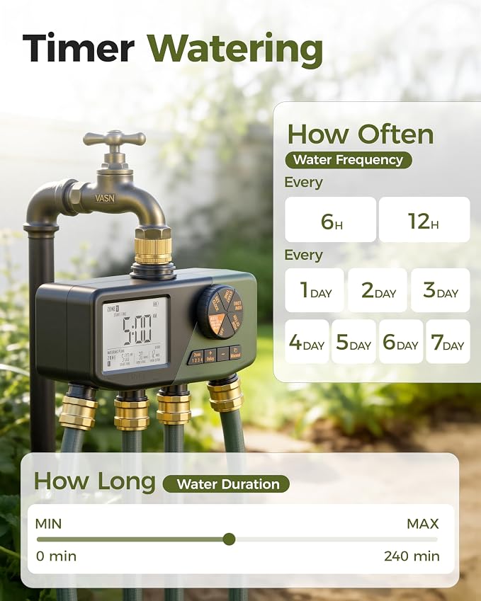 Diivoo 4 Zone Sprinkler Timer with Brass Inlet, IP68 Waterproof 4 Zone Water Timer with Large Display, Digital Control & Rain Delay & Manual Watering for Garden Hose, Lawn, Yard