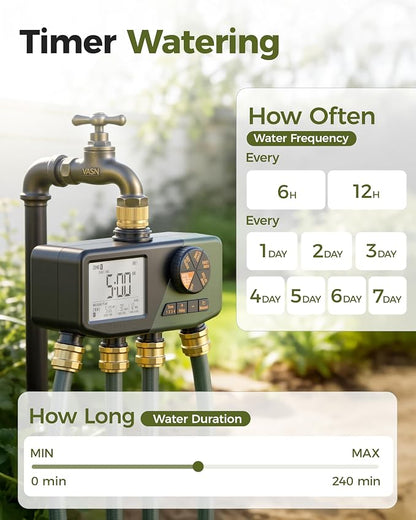 Diivoo 4 Zone Sprinkler Timer with Brass Inlet, IP68 Waterproof 4 Zone Water Timer with Large Display, Digital Control & Rain Delay & Manual Watering for Garden Hose, Lawn, Yard