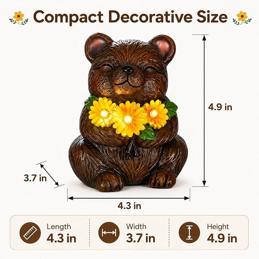 Solar Garden Statues Bear with Daisy and LED Lights Birthday Gifts for Women Mom Grandma Solar Outdoor Cat Decor for Outside,Outdoor Solar Lights for Yard, Garden and Patio, Unique Gift for Women