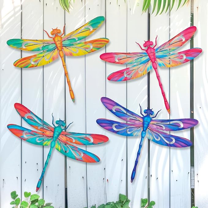 VOKPROOF Metal Dragonfly Wall Art Decor,Outdoor Fence Decor for Patio Yard Garden, Hanging Decorations for Living Room, Bedroom(4 Pack)