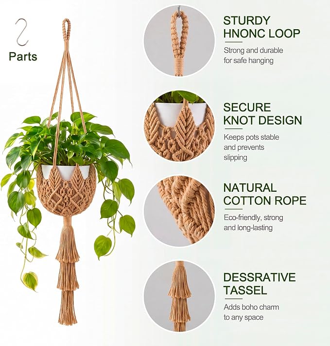 Shappy 1 Pack Boho Macrame Plant Hanger, Large Hanging Planter Plant Holder Pot Hanger Hanging Basket Wall Planters, Plants Lover Gift for Indoor Garden (Twist Braid,Jute Color)