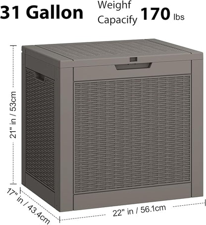 NUNU LAB Outdoor Storage Box 31 Gallon,Waterproof Indoor Outside Deck Boxes,Backyard Storage Bin for Package Delivery,Garden Tools,Patio Cushions,Pool Accessories,Storage Bench Lockable Lid,Tool Box