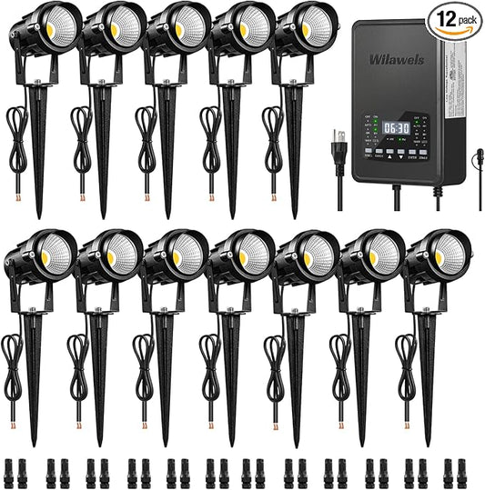 12 Pack Landscape Lights with 2 Zone 300W Low Voltage Transformer, 3000K 12V LED Landscape Lighting Kit, Waterproof Aluminum Landscape Spotlights with Connectors for Yard Tree Garden W01LK06