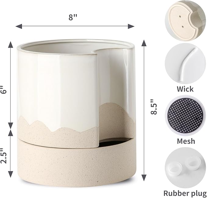 Nihow Ceramic Self Watering Plant Pot for Indoor Plants,8 Inch,White & Wave | Planter with Cotton Wick, Drainage Hole & Water Storage Plus, Cylinder Round Flower Pot, For Succulent/Herbs/Violets