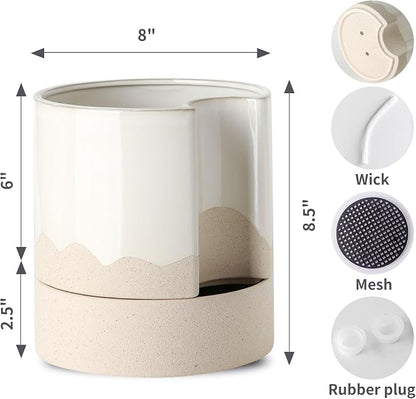 Nihow Ceramic Self Watering Plant Pot for Indoor Plants,8 Inch,White & Wave | Planter with Cotton Wick, Drainage Hole & Water Storage Plus, Cylinder Round Flower Pot, For Succulent/Herbs/Violets