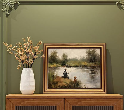 Devunaty Gold Framed Vintage Wall Art Boy Fishing Wall Decor Paintings Funny Dog and Boy Landscape Canvas Print Picture Retro Country Farmhouse Artwork for Kids Bedroom Living Room Decor 12"x16"