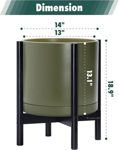 D'vine Dev Ceramic Planter with Ebony Stand - 14 Inch Modern Round Flower Pot with Wood Planter Holder, Olive, 55-B-S-J