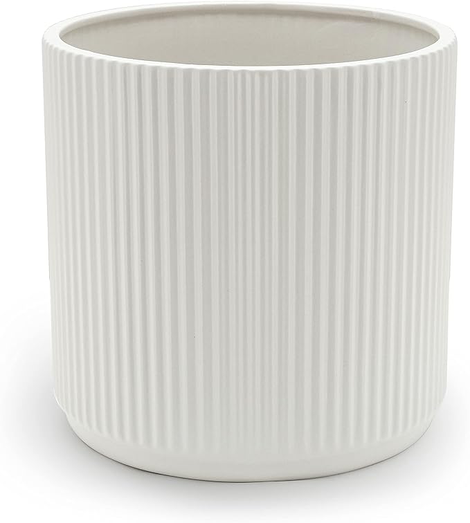 Amazon Basics Fluted Ceramic Planter Pot for Indoor Outdoor Plants, Round Flower Pot with Drainage Hole, 10-inch, White