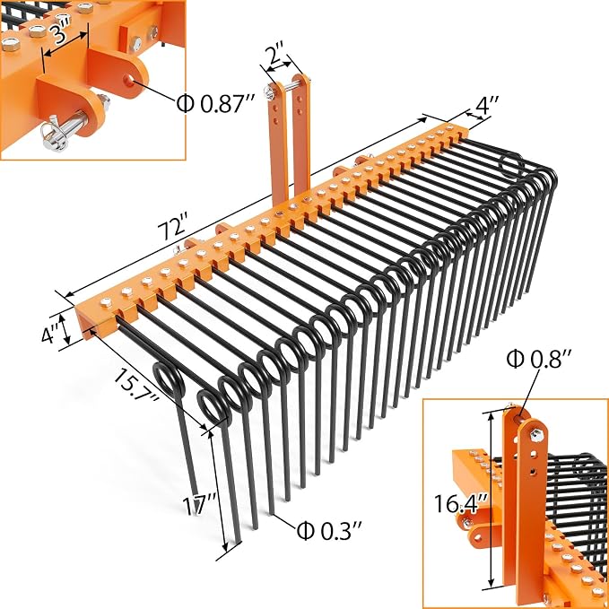 Garvee 72 Inch 3 Point Tractor Rake, Pine Straw Needle Rake | Steel Spring Landscape Rakes Durable Powder Coated Fit for Cat0,Cat1,Cat3 Tractors, Orange