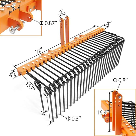 Garvee 72 Inch 3 Point Tractor Rake, Pine Straw Needle Rake | Steel Spring Landscape Rakes Durable Powder Coated Fit for Cat0,Cat1,Cat3 Tractors, Orange