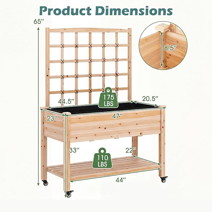 HAPPYGRILL Wooden Raised Garden Bed with Trellis, 65'' Elevated Planter Box w/Legs on Wheels, Liner & Drainage Holes for Climbing Plant Vegetable Flower, Outdoor Garden Box for Backyard Balcony (2)