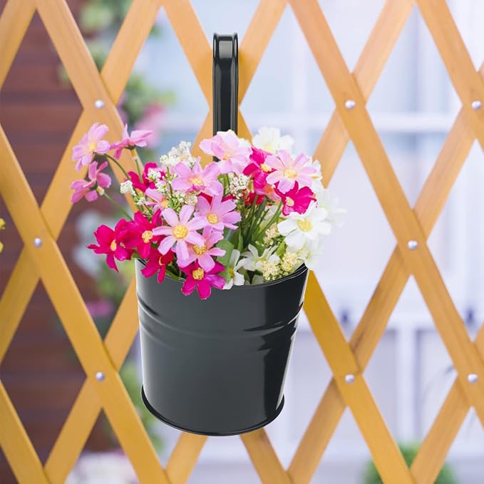 KINGLAKE Flower Pots,10 Pcs Metal Iron Hanging Flower Plant Pots Balcony Garden Plant Planter Baskets Fence Bucket Pot 4'' Flower Holders with Detachable Hook Black