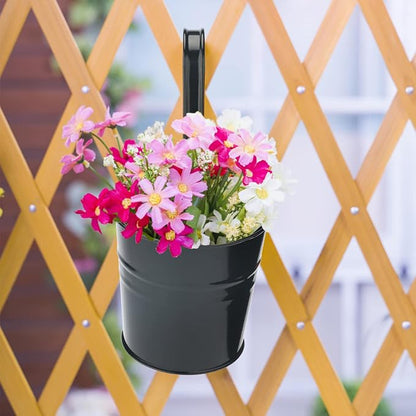 KINGLAKE Flower Pots,10 Pcs Metal Iron Hanging Flower Plant Pots Balcony Garden Plant Planter Baskets Fence Bucket Pot 4'' Flower Holders with Detachable Hook Black