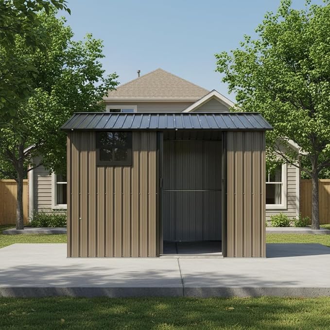 8x6 FT Outdoor Storage Shed,Galvanized Steel Heavy Duty Metal Tool Shed with Window & Vents,Sliding Door,Weatherproof Utility Shed for Backyard Patio Lawn,Brown