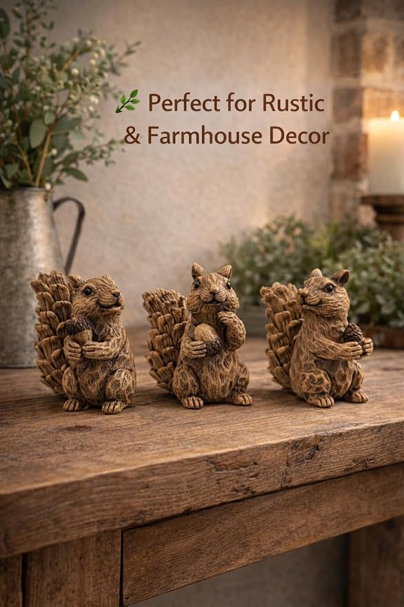 iStatue Set of 3 Resin Squirrel Figurines, Hand-Painted Woodland Animal Decor, Nature-Inspired Tabletop Statues for Home, Garden, Shelf & Gift for Women Mom Dad Girl Boy (Small)