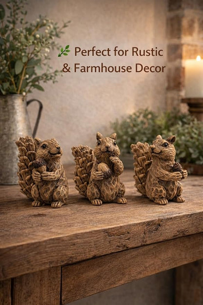 iStatue Set of 3 Resin Squirrel Figurines, Hand-Painted Woodland Animal Decor, Nature-Inspired Tabletop Statues for Home, Garden, Shelf & Gift for Women Mom Dad Girl Boy (Small)