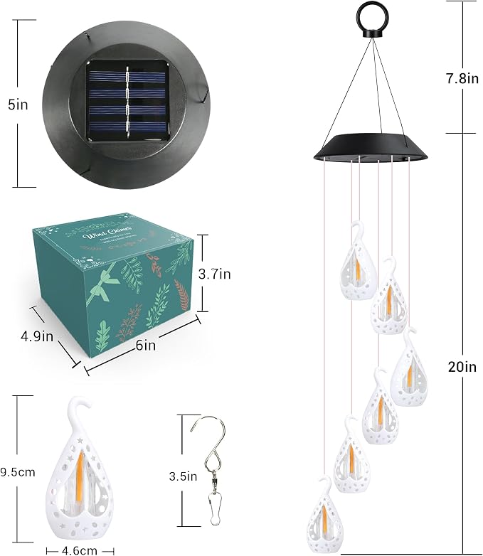 Toodour Solar Wind Chime, Flame Wind Chimes Karez, LED Decorative Mobile, Gifts for Mom Grandma, Waterproof Outdoor Decorative Lights for Garden, Patio, Yard, Window Decor（Warm White）