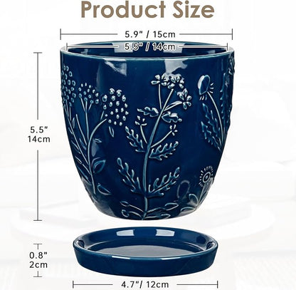Hollyone 6 Inch Blue Ceramic Planter Flower Plant Pot with Drainage Hole and Saucer for Plants Embossed Indoor Outdoor Garden Embossed Ceramic Glazed Round Pot for Succulent Orchid Floral Pattern