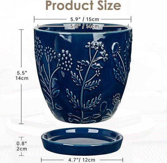 Hollyone 6 Inch Blue Ceramic Planter Flower Plant Pot with Drainage Hole and Saucer for Plants Embossed Indoor Outdoor Garden Embossed Ceramic Glazed Round Pot for Succulent Orchid Floral Pattern