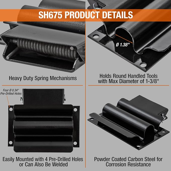 Buyers Products SH675 Hand Tool Rack Holder for Enclosed Municipal Landscaping or Dump Truck Trailers & Garage or Shed Walls, Holds Hand Tools Great for Shovels, Rakes, Hoes, Heavy Duty Steel, Black