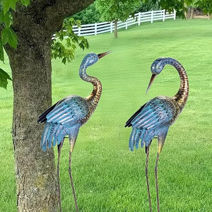 Natelf Garden Crane Statues Outdoor, Standing Blue Heron Decoy Sculptures, Metal Bird Yard Art for Lawn Patio Backyard Decoration(Set of 2)