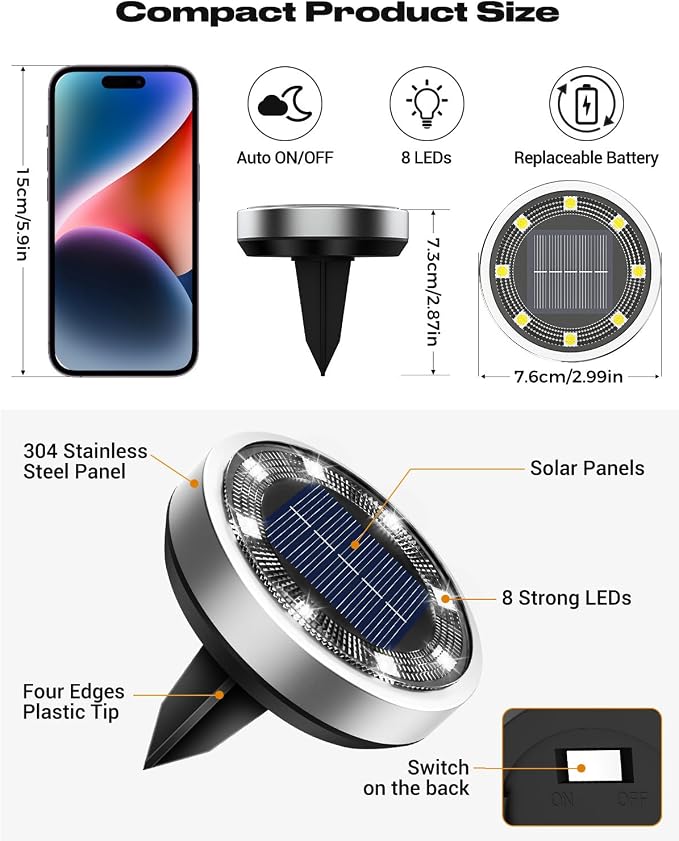 btfarm 24 Pack Solar Lights Outdoor, 8 LED Solar Ground Lights IP65 Waterproof Flat Solar Disc Light, Pathway Lights for Garden Lawn Yard Christmas Decorations, Red+Blue+Cool White