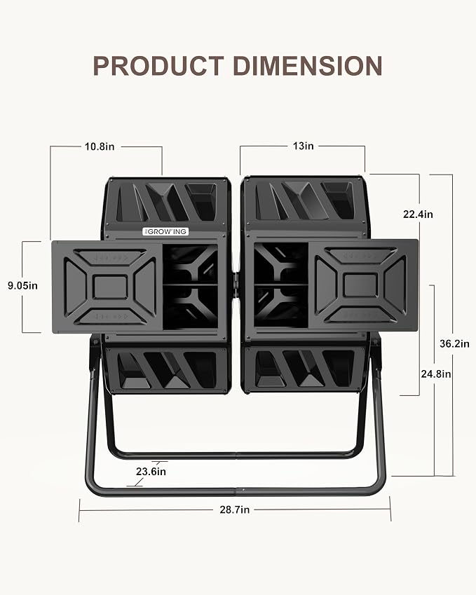 THE Growing 53 Gallon Large Outdoor Compost Bin Tumbler Barrel, Black | Dual 26.5gal heat-absorbing chambers for bulk waste. Reinforced frame adds stability. Easy outdoor bolt frame assembly.