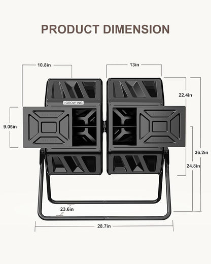 THE Growing 53 Gallon Large Outdoor Compost Bin Tumbler Barrel, Black | Dual 26.5gal heat-absorbing chambers for bulk waste. Reinforced frame adds stability. Easy outdoor bolt frame assembly.