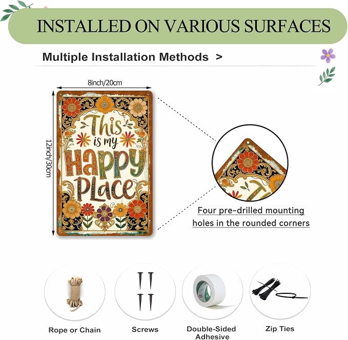Funny Garden Metal Signs, Vintage Outdoor Wall Decor 8x12 Inch | This Is My Happy Place, Boho Weatherproof Aluminum Sign for Patio Yard Greenhouse, Gift For Gardeners