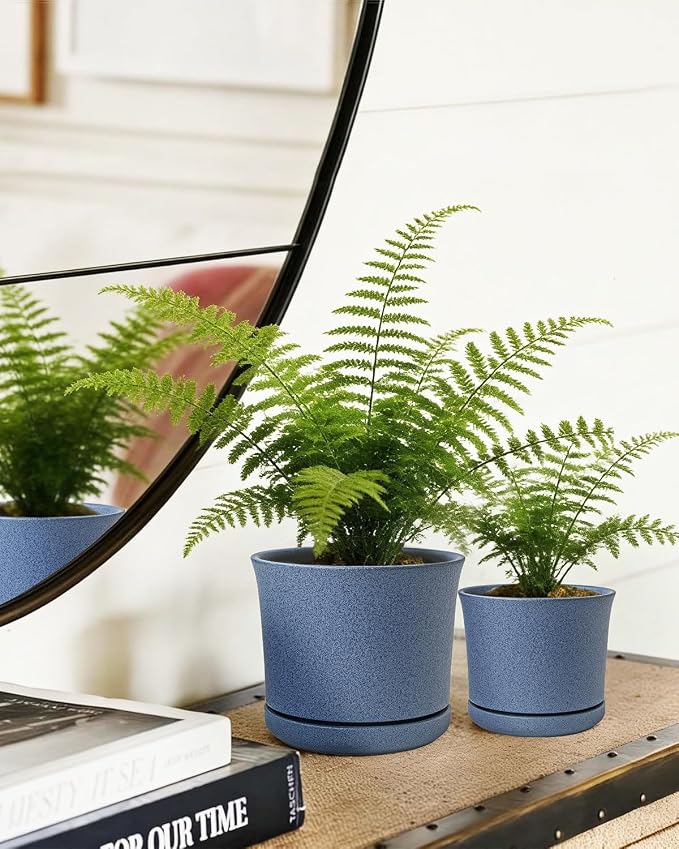 Ceramic Plant Pots Set of 3, 4.3"/5.6"/6.9" Indoor Plant Pots with Drainage Hole and Attached Saucer, Modern Ceramic Planters for Indoor Plants, Succulents, Herbs, Matte Blue Flower Pots