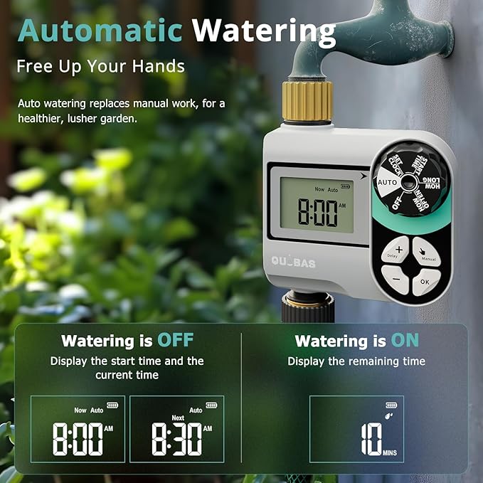 QUOBAS Brass Sprinkler Timer 2 Pack, Programmable Water Hose Timer for Garden Hose Faucet with Waterproof HD Screen, Rain Delay/Manual/Automatic Irrigation Watering System for Garden, Lawn, Yard