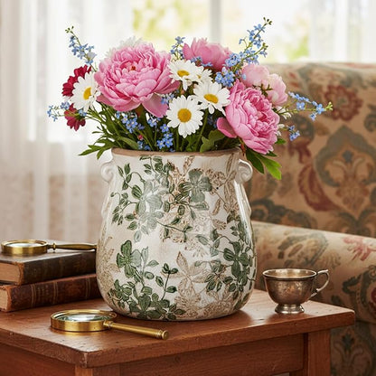 Ceramic Scroll Planter 6.5 Inch Chinoiserie Floral Vase with Drainage Holes Vintage Flower Vase Flower Pot Rustic Ceramic Pots for Indoor Plants Garden Home Bookshelf Decor(Double Green)