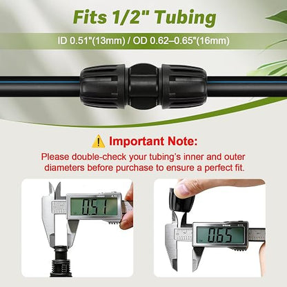 18 Pack 1/2 Inch Drip Irrigation Fittings Kit (1/2" ID x 0.6-0.65" OD), 1/2'' Dripline Barbed Connectors with Anti-Drop Lock Nuts - 4 Tees, 4 Couplings, 4 Ends, 4 Elbows, 2 Valves
