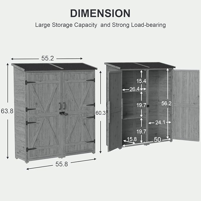 Gizoon Outdoor Storage Cabinet with Waterproof Roof, Double Lockable Doors Garden Shed with 2 Removable Shelves, Wooden Storage Shed with Large Storage Space for Patio, Garden, Backyard, Lawn, Grey