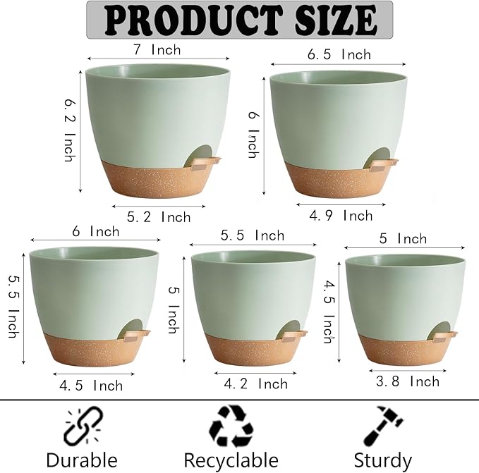 Self Watering Planter Pots Set of 5 - Green Plastic Indoor Pots with Drainage Holes, Saucers and Reservoir for Home Decor, Office Desk, Windowsill, Shelf (Gift Idea)