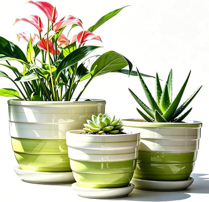 Vintage Flower Pots for Indoor Plant, Round Ceramic Plant Pots with Drainage Holes and Saucers, 6.7/5.2/3.9 Inches Retro Flower Planters Set of 3