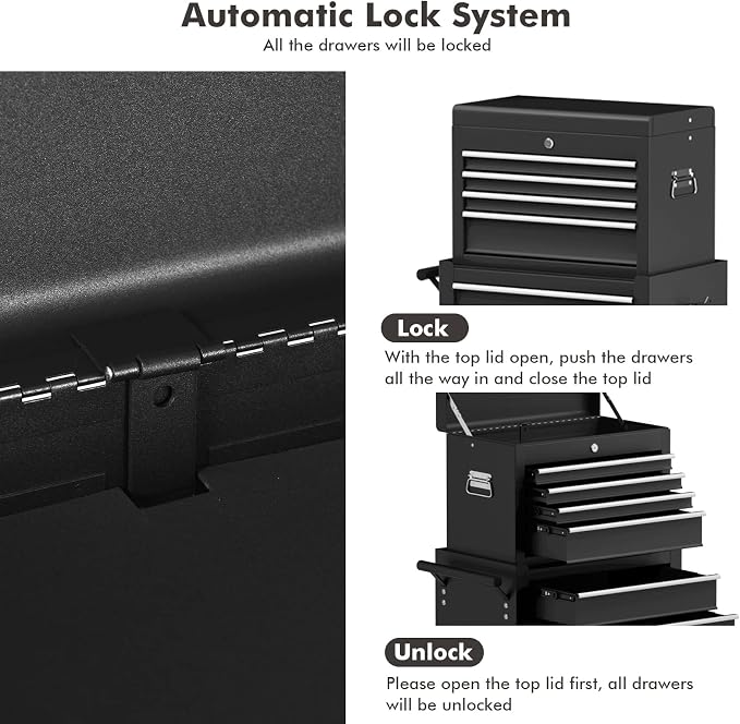 Goplus Rolling Tool Chest, 6-Drawer Tool Box Organizer w/Auto Locking System & Lockable Wheels & Sliding Drawers & Detachable Top, Tool Storage Cabinet for Garage Workshop (Black) …
