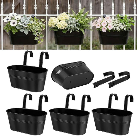 Metal Railing Planters for Outdoor Plants - 5 Pcs Balcony Hanging Flower Pots with Detachable Hooks & Drain Holes, Windowsill Oval Hanging Bucket Pots Fence Planters for Garden Home Decor, Black