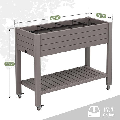 33.7" Tall Raised Garden Bed with Wheels, Divisible Resin Planter Box with Drainage Gauge & Storage Shelf, Herb Planter for Garden Patio Backyard, Medium Gray (33.7" h)
