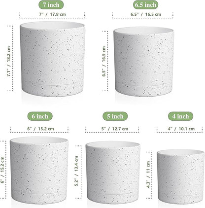 Meowell 7/6.5/6/5/4 inch Plant Pots, 5 Pack Cylinder Flower Pots for Small Indoor Outdoor Plants, Plastic Planters with Drainage Holes and Saucers for Garden Succulent House Plants, Speckled White