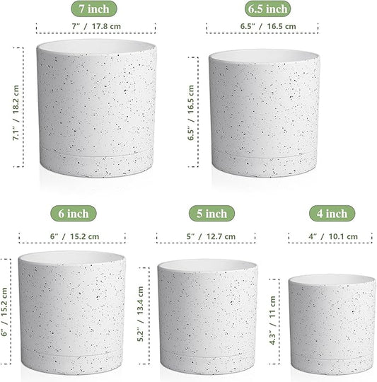 Meowell 7/6.5/6/5/4 inch Plant Pots, 5 Pack Cylinder Flower Pots for Small Indoor Outdoor Plants, Plastic Planters with Drainage Holes and Saucers for Garden Succulent House Plants, Speckled White